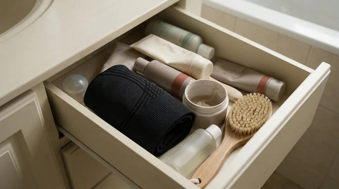 The legging rolled up in the bathroom drawer, among the creams, the jar and the dry brush