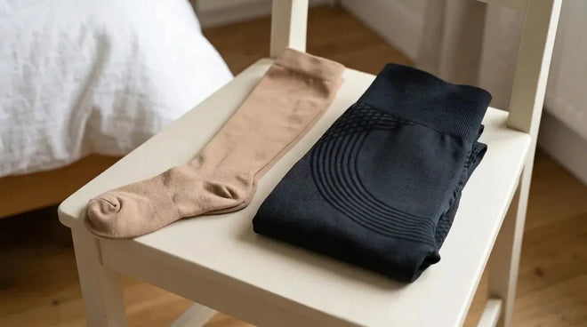 A beige medical compression sock and the folded black legging side by side on a chair