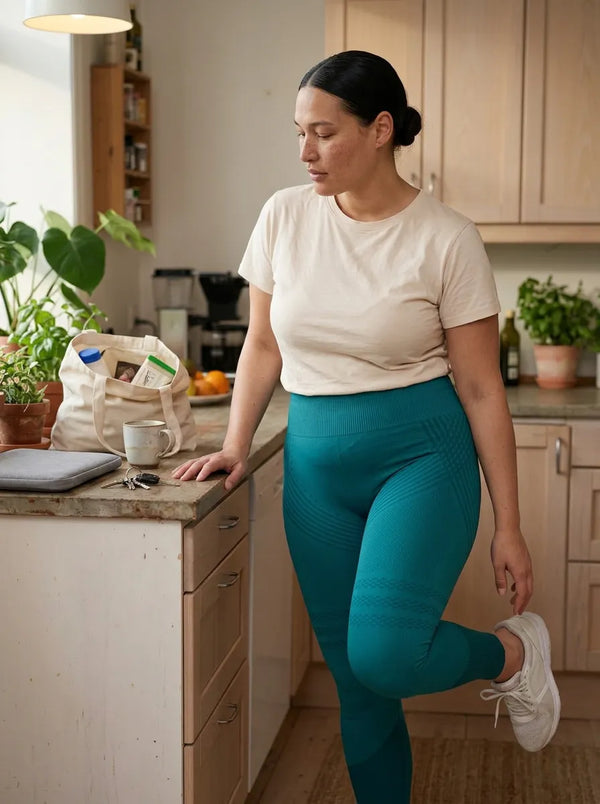 A woman at home in her Leonie & Co 3D compression leggings, in the middle of an ordinary day