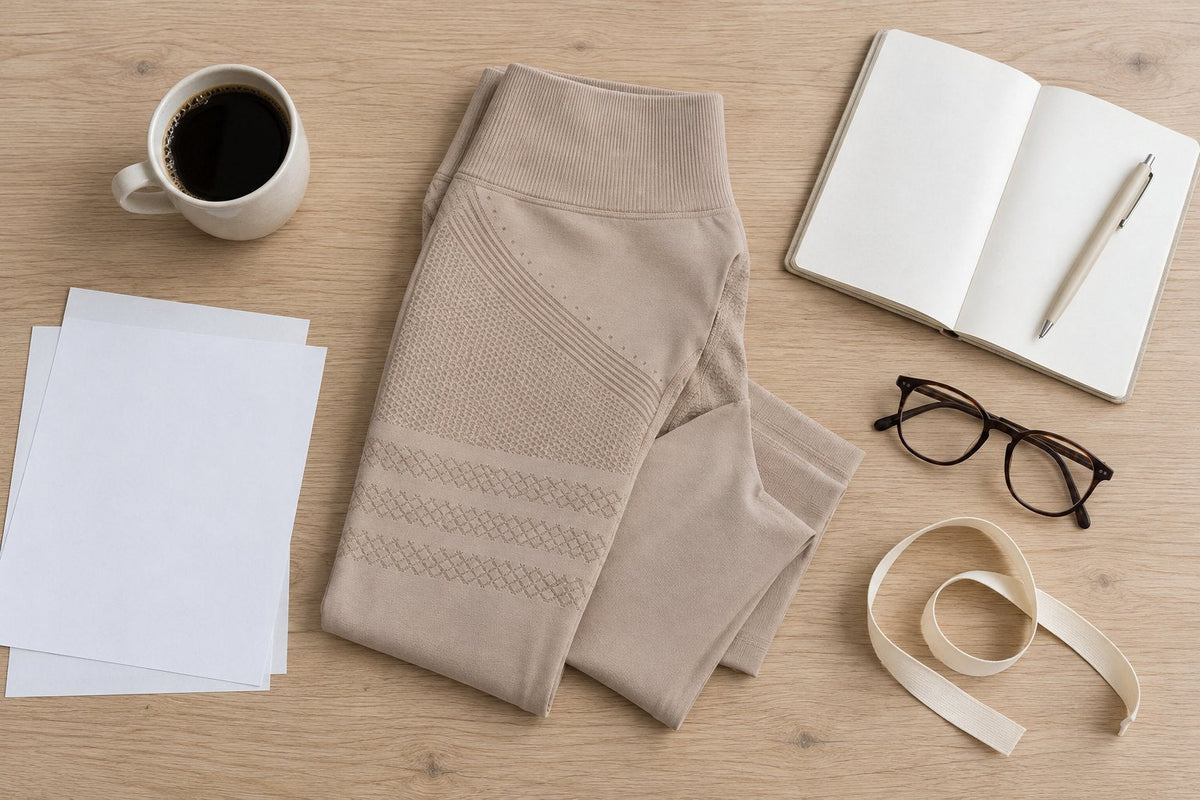 Folded beige Sculpt 3D leggings beside a blank notebook, glasses and coffee on a pale oak table.