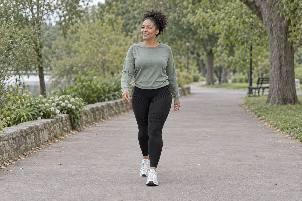 A woman with fuller legs walks on a quiet park path in black Sculpt 3D leggings.