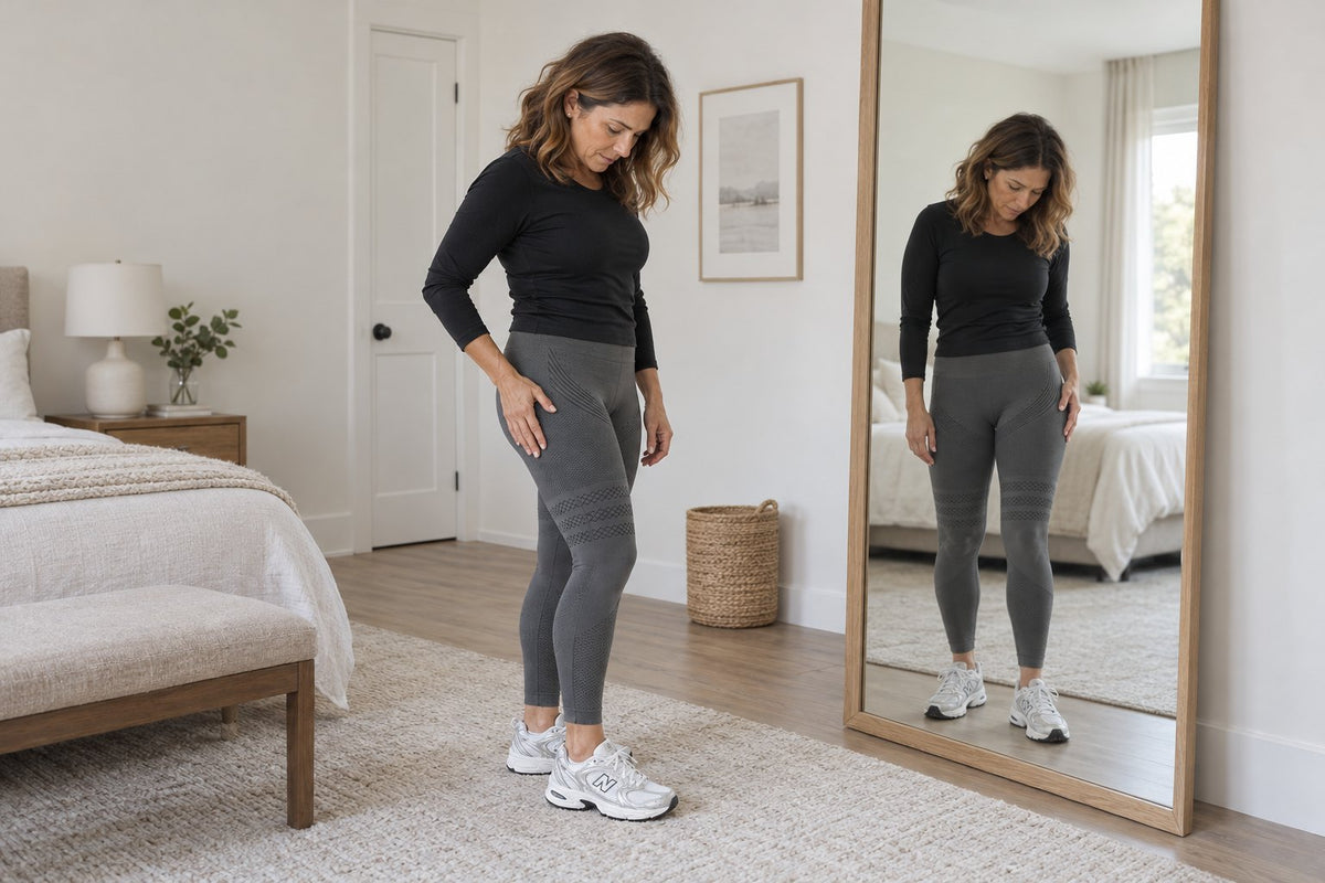 A woman in grey Sculpt 3D leggings looks down at her thigh in front of a mirror.