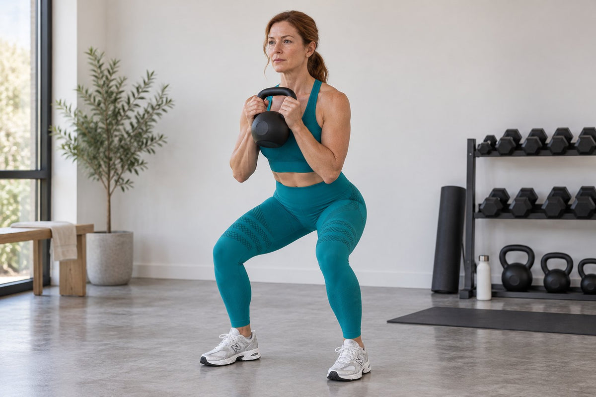 A woman in teal Sculpt 3D leggings does a kettlebell squat to strengthen her thighs.