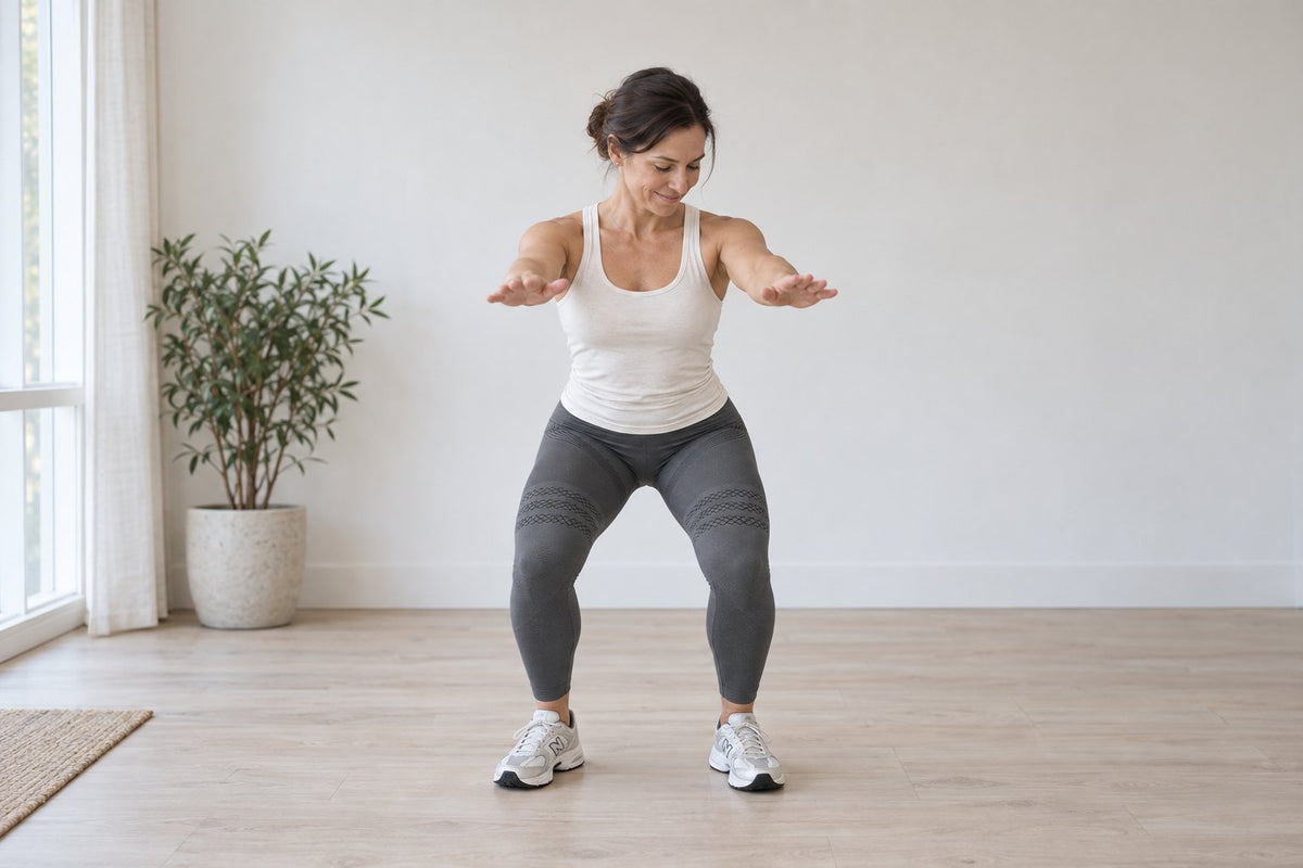 A woman in grey Sculpt 3D leggings does a half squat to check that the fabric stays opaque.