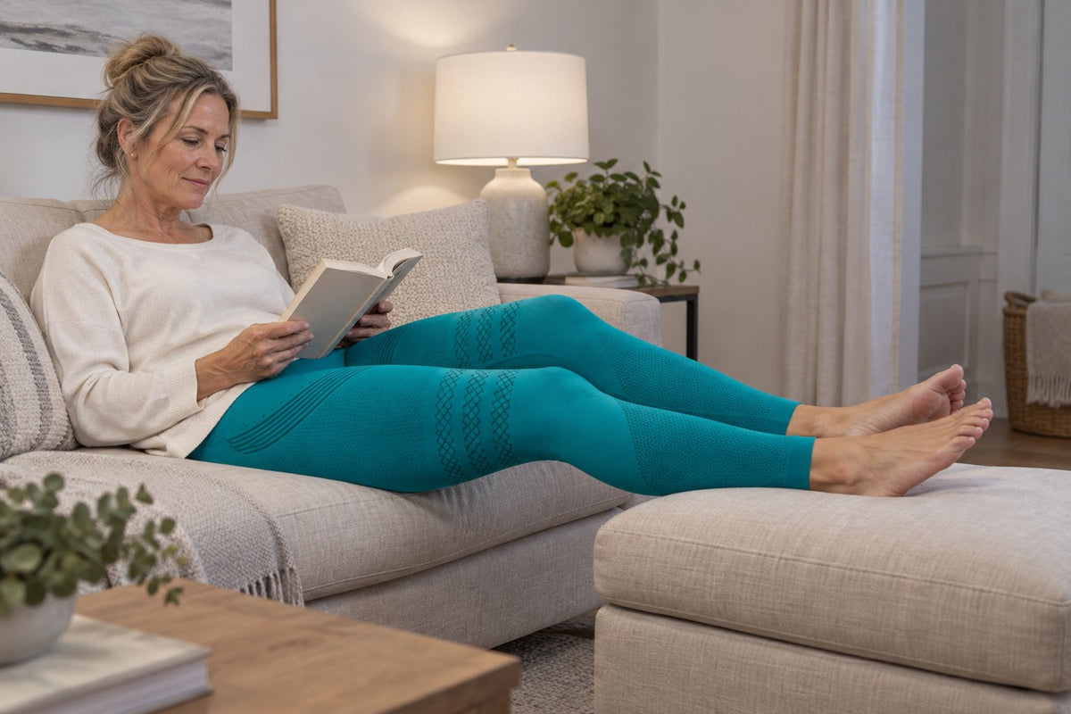 A woman rests her legs on an ottoman while reading on a linen sofa, wearing teal Sculpt 3D leggings.