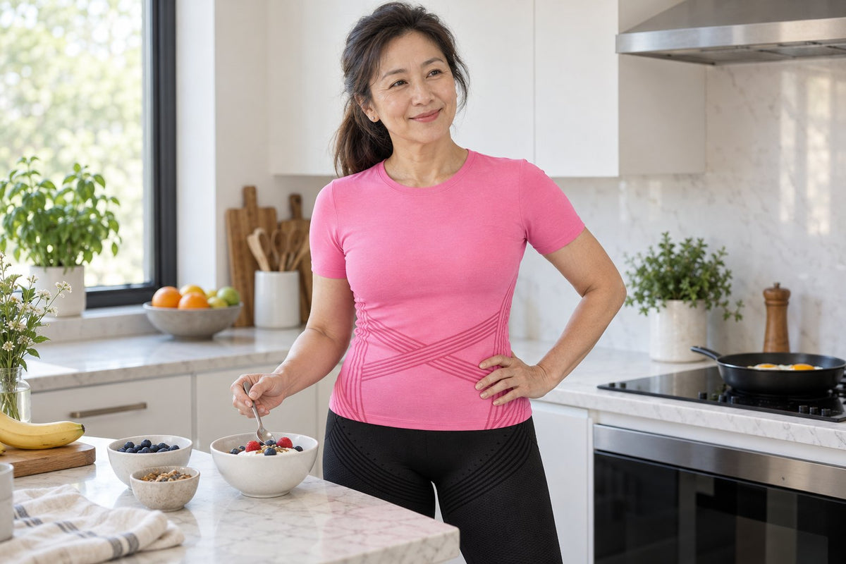 A woman in her fifties prepares a protein breakfast in a pink Sculpt 3D T-shirt and black leggings.