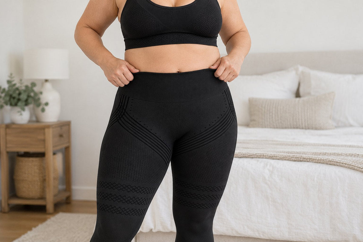 A plus-size woman checks the high waistband of black Sculpt 3D leggings in a bright bedroom.