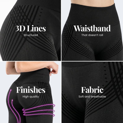 Four close-ups of the black 3D legging: raised knit lines, waistband, finishing and fabric
