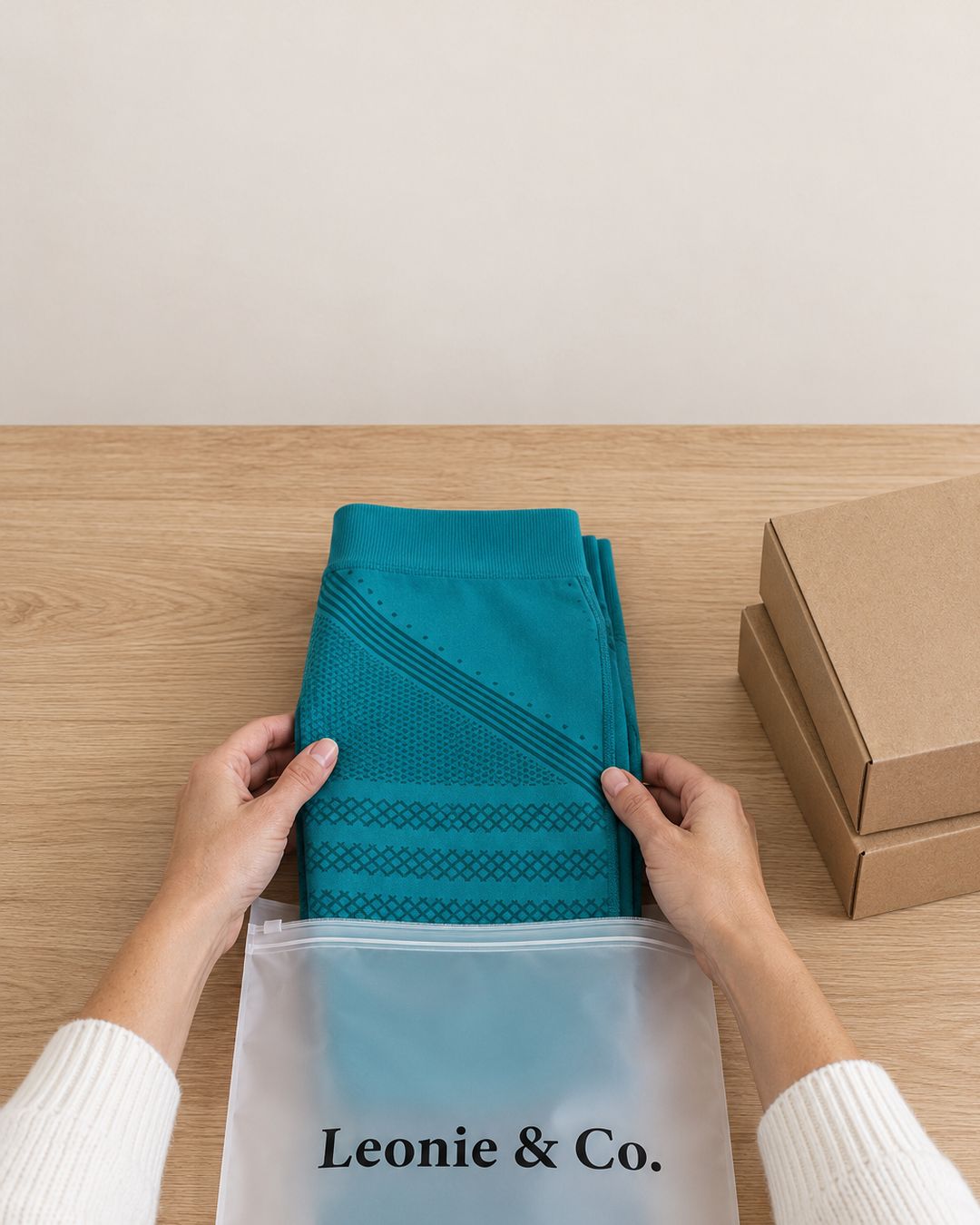 Teal leggings being packed for shipping