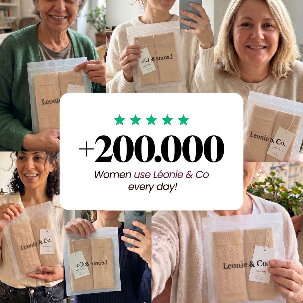 Photos of customers holding their Leonie & Co arm sleeves, above a five-star rating