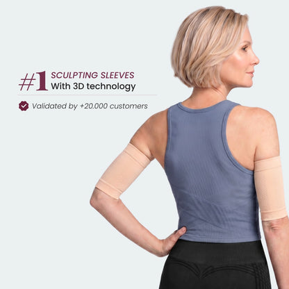 The Leonie & Co 3D Sculpting Arm Sleeves in beige, worn on both arms