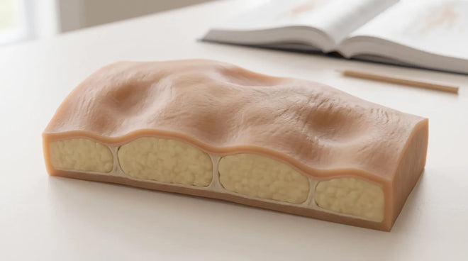 A cross-section model of skin on a desk: rounded fat lobules pushing up against the surface, held down between fibrous cords