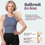 Woman wearing the Leonie & Co 3D Sculpting Arm Sleeves in beige, knitted 3D relief lines visible on the upper arm