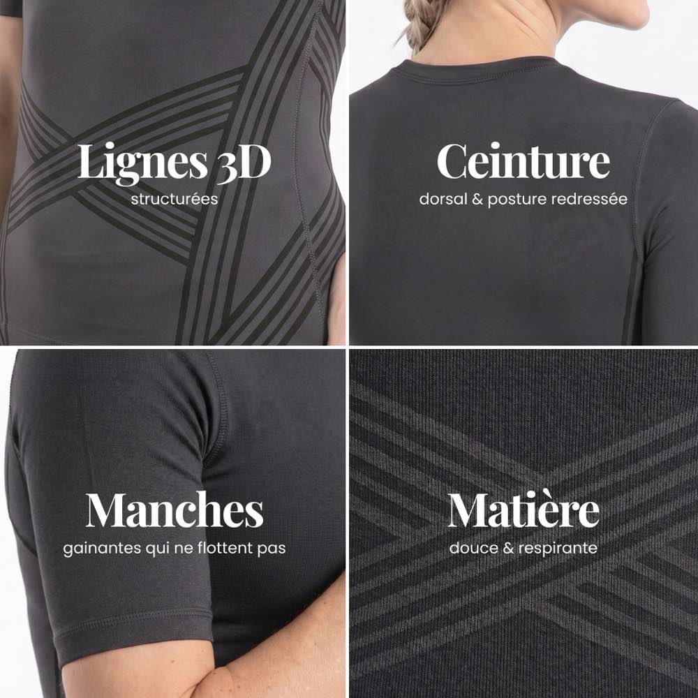 Close-up details of the 3D Sculpting T-Shirt: knitted 3D lines, back band, fitted sleeves and fabric