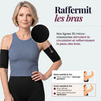 Woman wearing the Leonie & Co 3D Sculpting Arm Sleeves in black, knitted 3D relief lines visible on the upper arm
