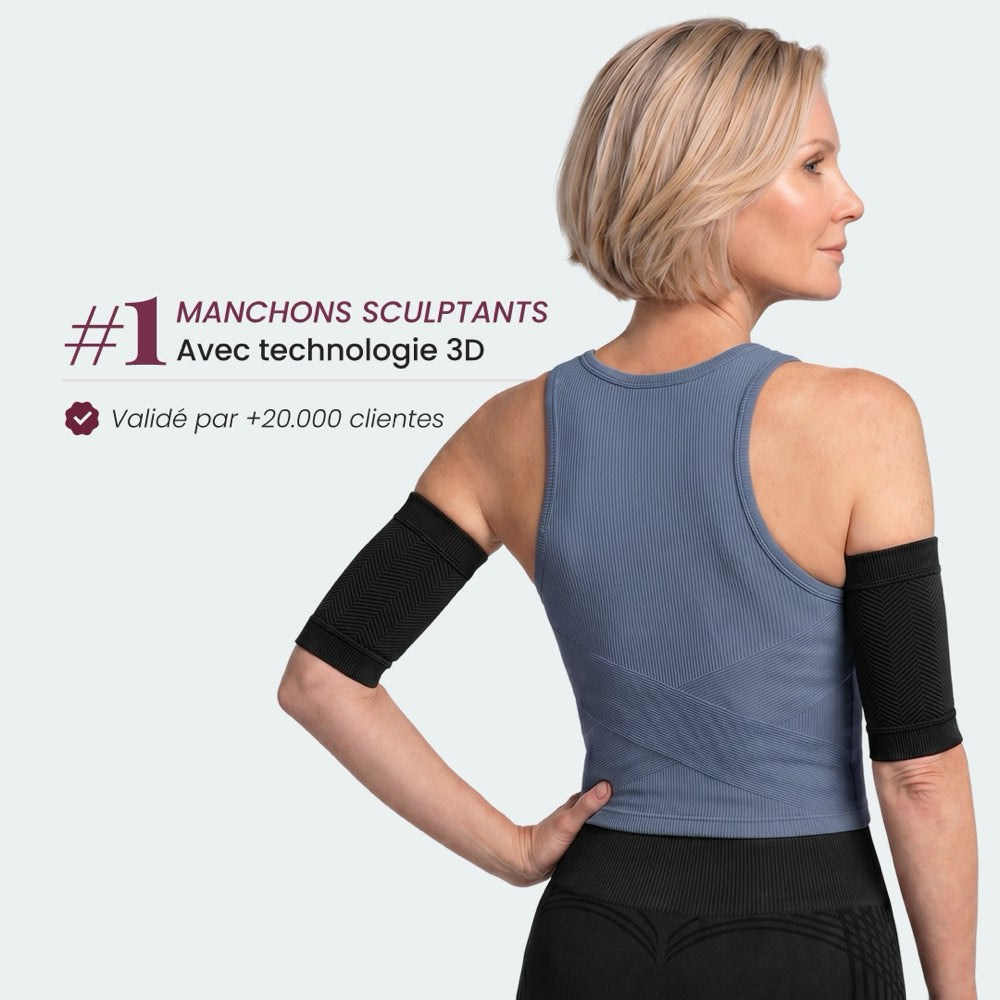 The Leonie & Co 3D Sculpting Arm Sleeves in black, worn on both arms