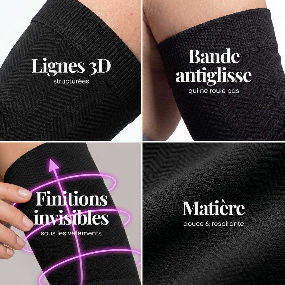 Close-up details of the arm sleeves: knitted 3D lines, ribbed anti-slip band and fabric