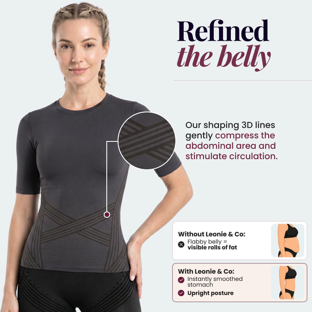 Woman wearing the Leonie & Co 3D Sculpting T-Shirt in dark gray, knitted crossed shaping lines visible at the waist