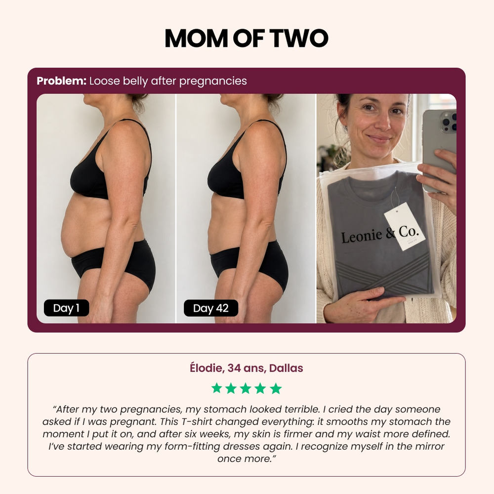 Customer review: Elodie, 34, Dallas, mother of two, on wearing the 3D Sculpting T-Shirt