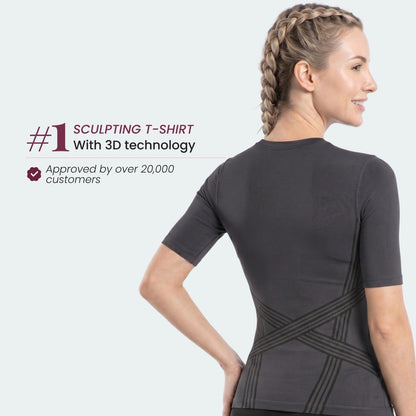 Back view of the 3D Sculpting T-Shirt in dark gray, showing the crossed support band