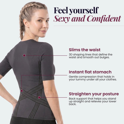 Three features of the 3D Sculpting T-Shirt: waist, midsection and posture