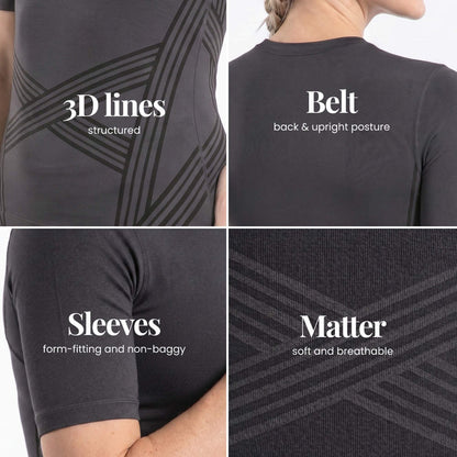 Close-up details of the 3D Sculpting T-Shirt: knitted 3D lines, back band, fitted sleeves and fabric