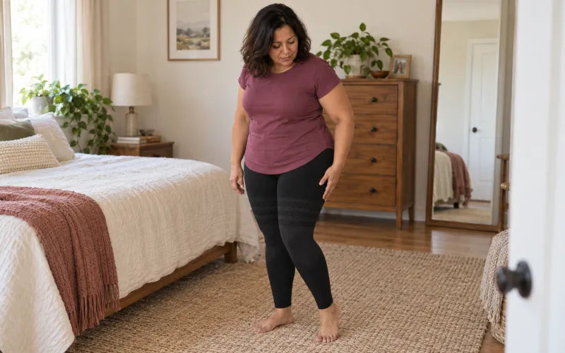 Woman looking at her thighs in the Leonie & Co 3D legging on day one