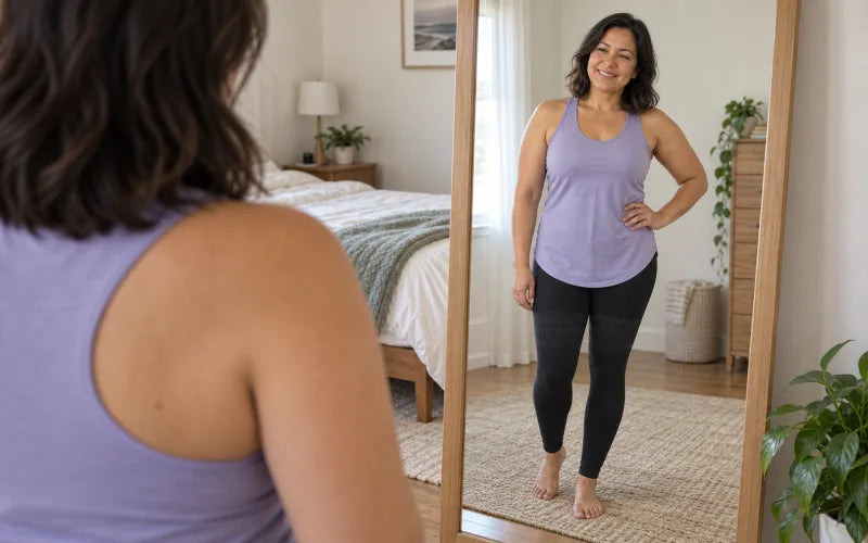 Woman smiling at her reflection on day sixty