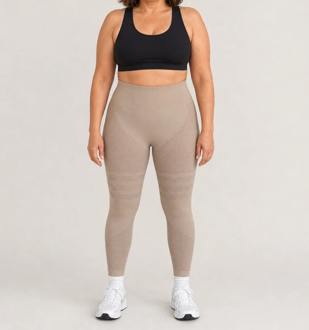 3D Leggings in Beige, front view of the seamless knit with raised 3D panels