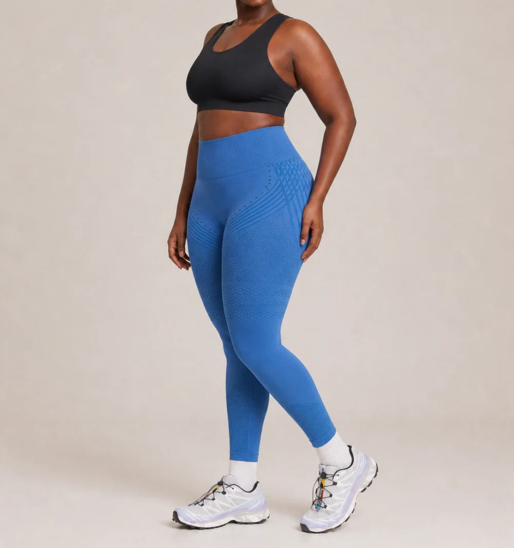 3D Leggings in Blue, side view of the seamless knit with raised 3D panels