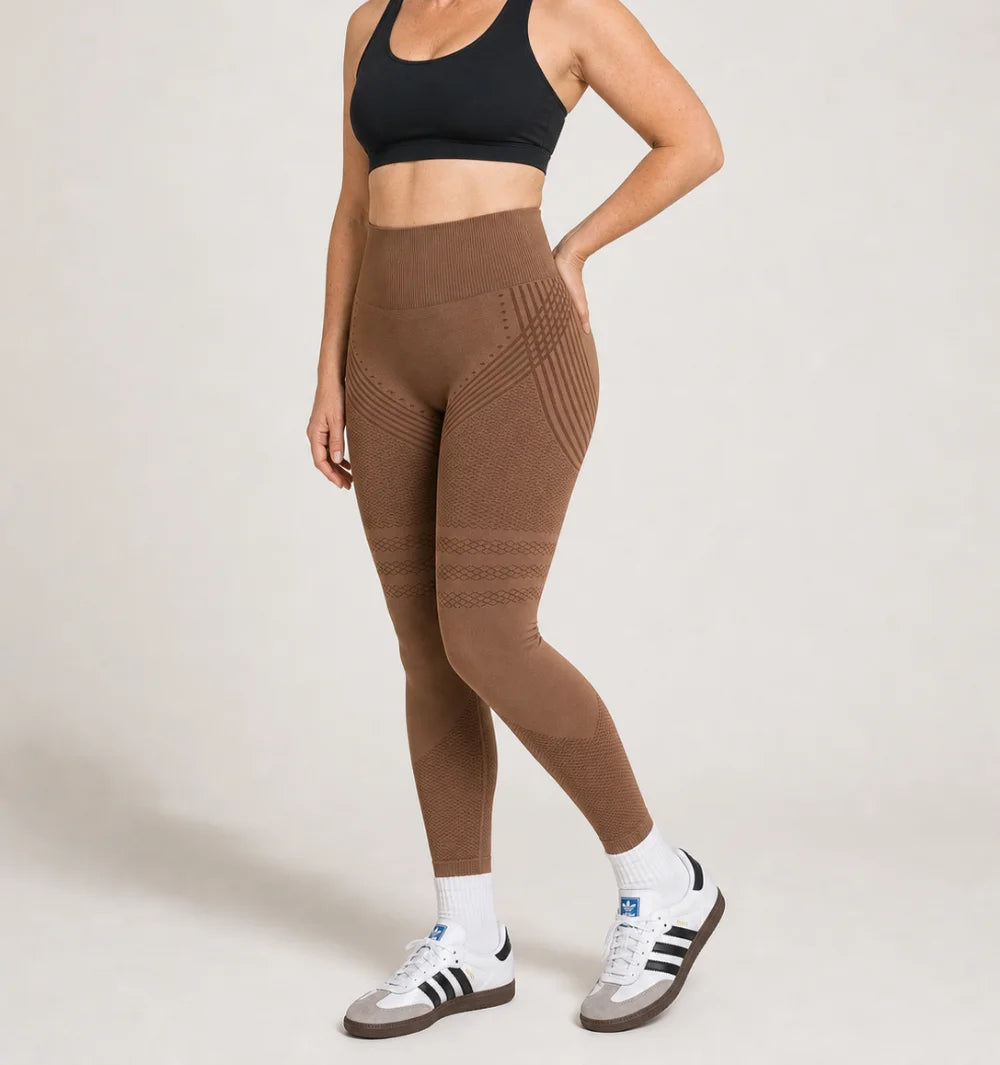 3D Leggings in Chocolate Brown, three-quarter view of the seamless knit with raised 3D panels