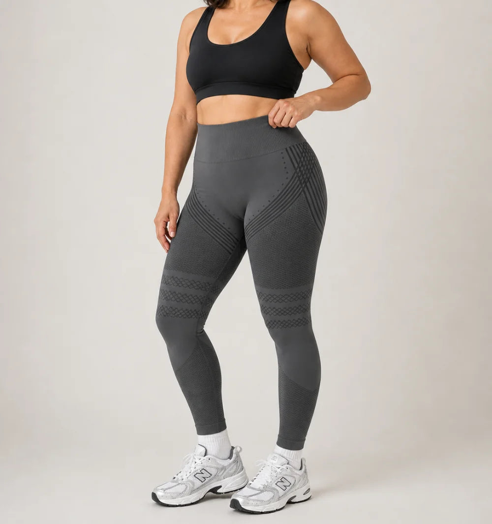 3D Leggings in Dark Gray, three-quarter view of the seamless knit with raised 3D panels