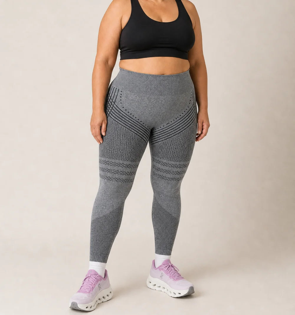 3D Leggings in Grey, front view of the seamless knit with raised 3D panels