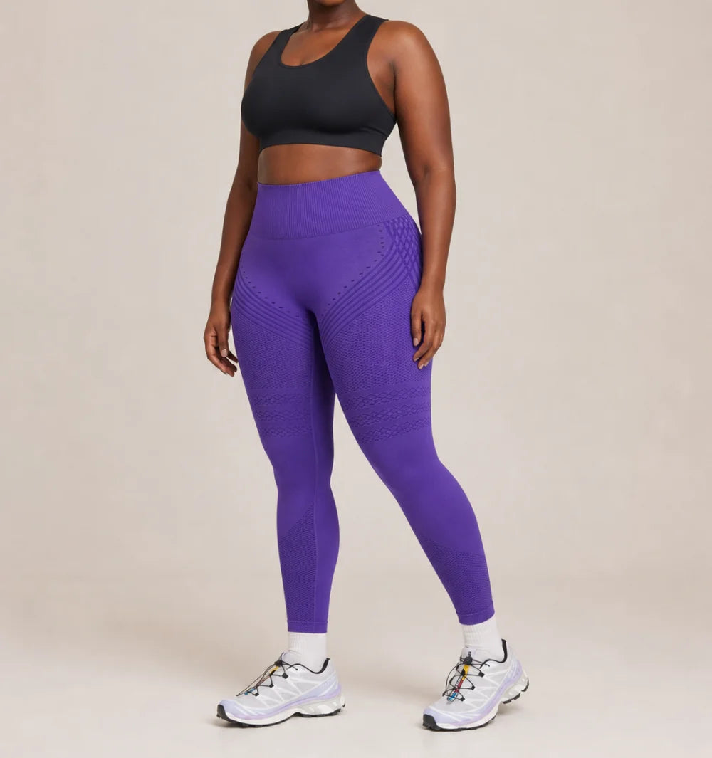 3D Leggings in Purple, three-quarter view of the seamless knit with raised 3D panels