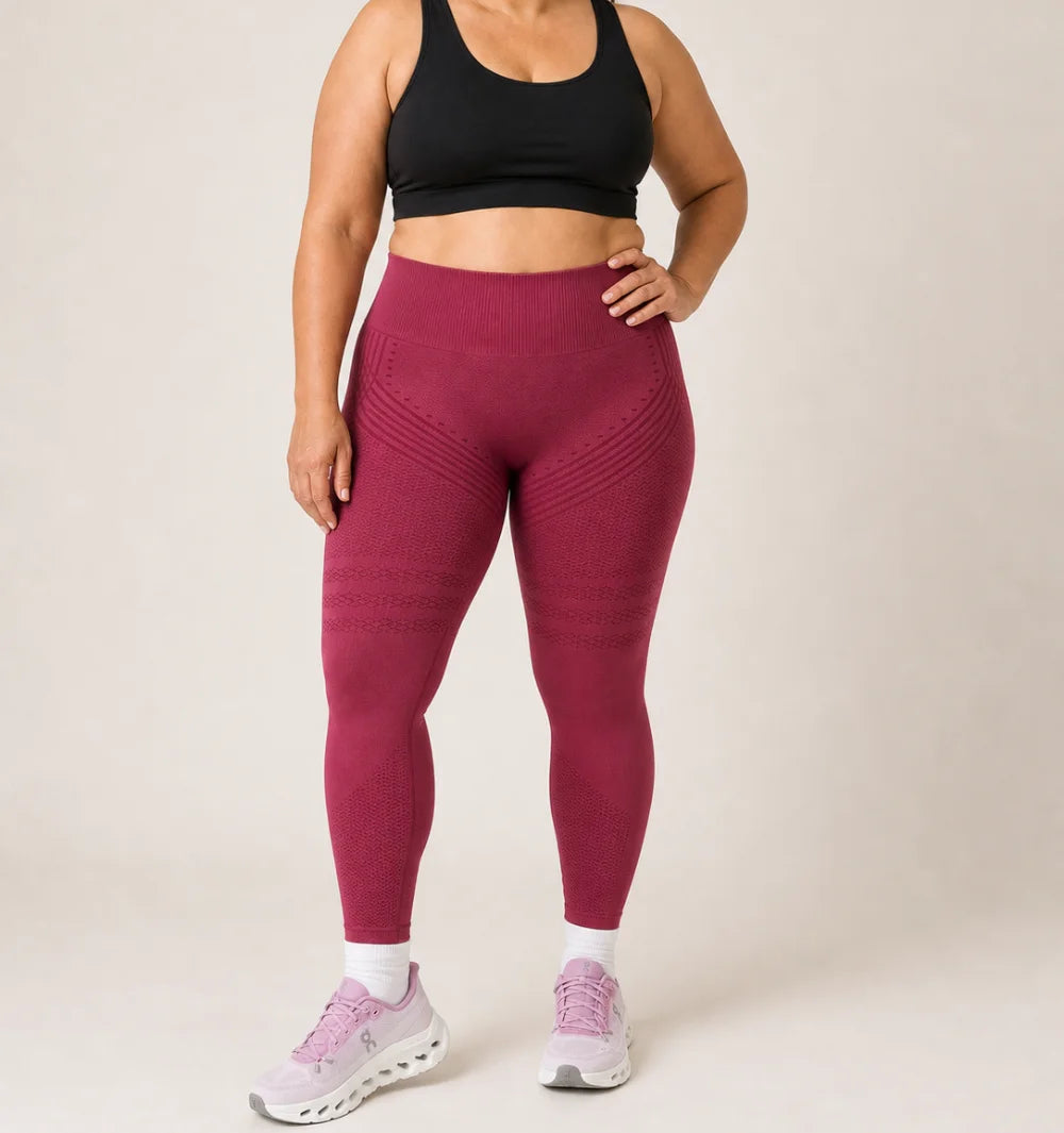 3D Leggings in Wine Red, front view of the seamless knit with raised 3D panels