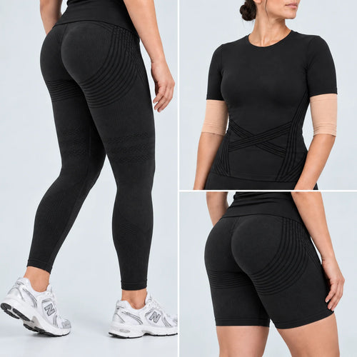 3D Complete Set in Full Black: leggings, t-shirt with nude arm sleeves and shorts