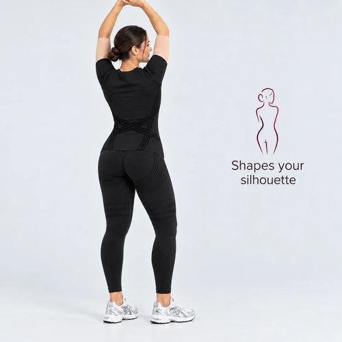 Back view of the Full Black set with arms raised: shapes your silhouette
