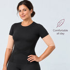 Woman wearing the black 3D t-shirt with nude 3D arm sleeves: comfortable all day