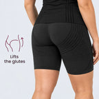 Black 3D shorts from the back, curved 3D lines: lifts the glutes