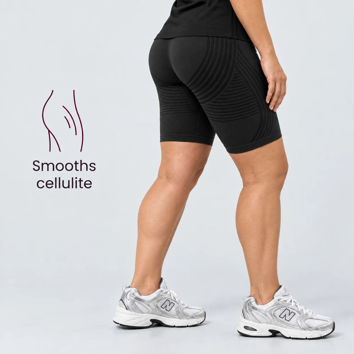 Black 3D shorts side view: smooths cellulite