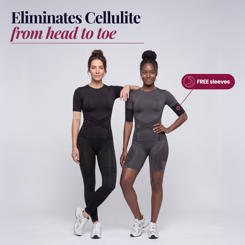 Two women wearing the 3D Complete Set, one in Full Black and one in Full Dark Gray, with free arm sleeves