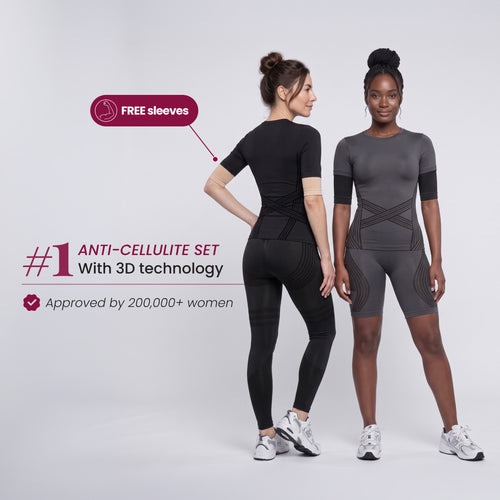 The 3D Complete Set in black and in dark gray, with leggings or shorts, arm sleeves included free