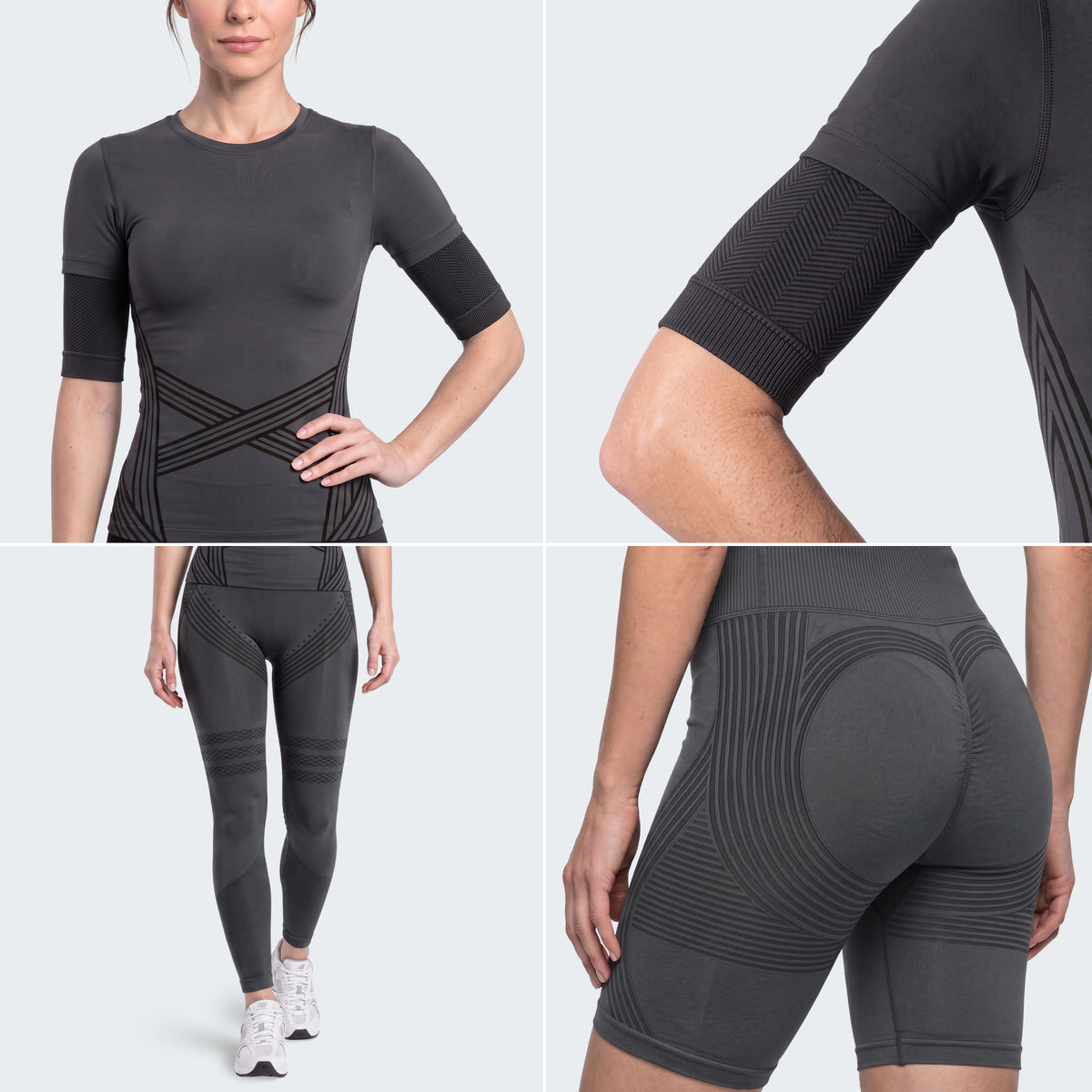 Close-ups of the Full Dark Gray set: 3D t-shirt, black arm sleeve, leggings and shorts