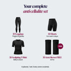 The four pieces of the 3D Complete Set: 3D leggings, 3D shorts, 3D sculpting t-shirt and free 3D arm sleeves
