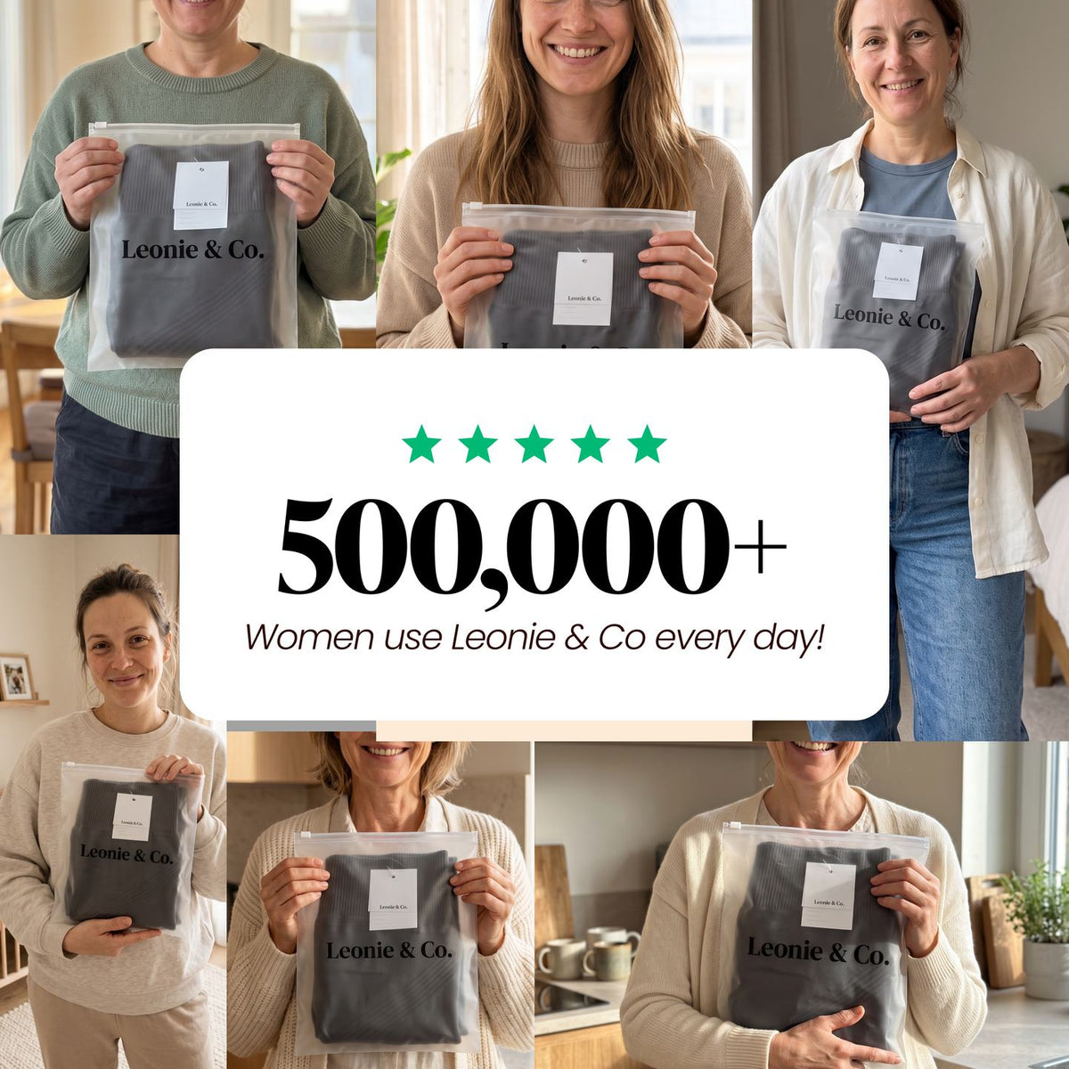 Women holding their Leonie & Co order: 500,000+ women use Leonie & Co
