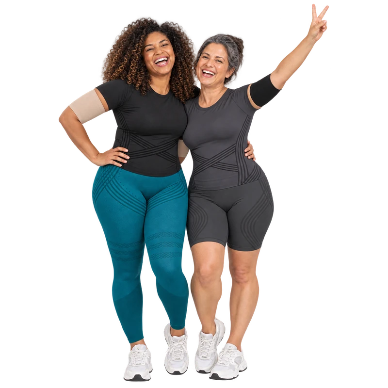 Two women wearing the Leonie & Co complete 3D set, one in leggings, one in shorts