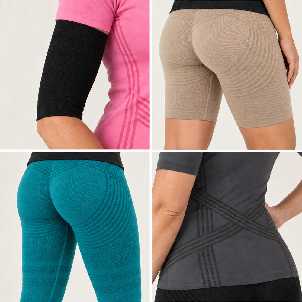 Close-ups of the Leonie & Co complete set: arm sleeve, shorts, leggings and t-shirt