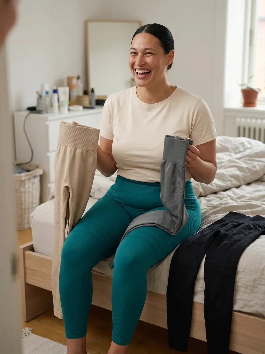 A woman laughing on the edge of her bed, comparing a beige compression garment with her Leonie & Co 3D legging