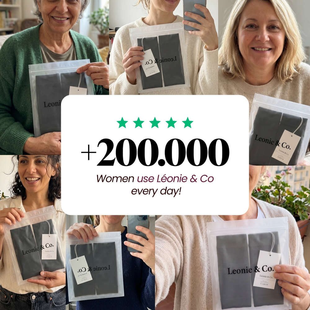 Photos of customers holding their Leonie & Co arm sleeves, above a five-star rating