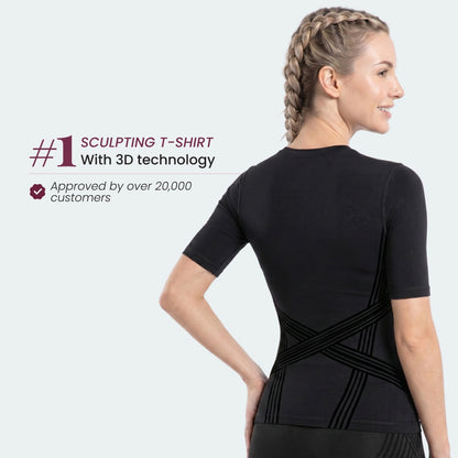 Back view of the 3D Sculpting T-Shirt in black, showing the crossed support band